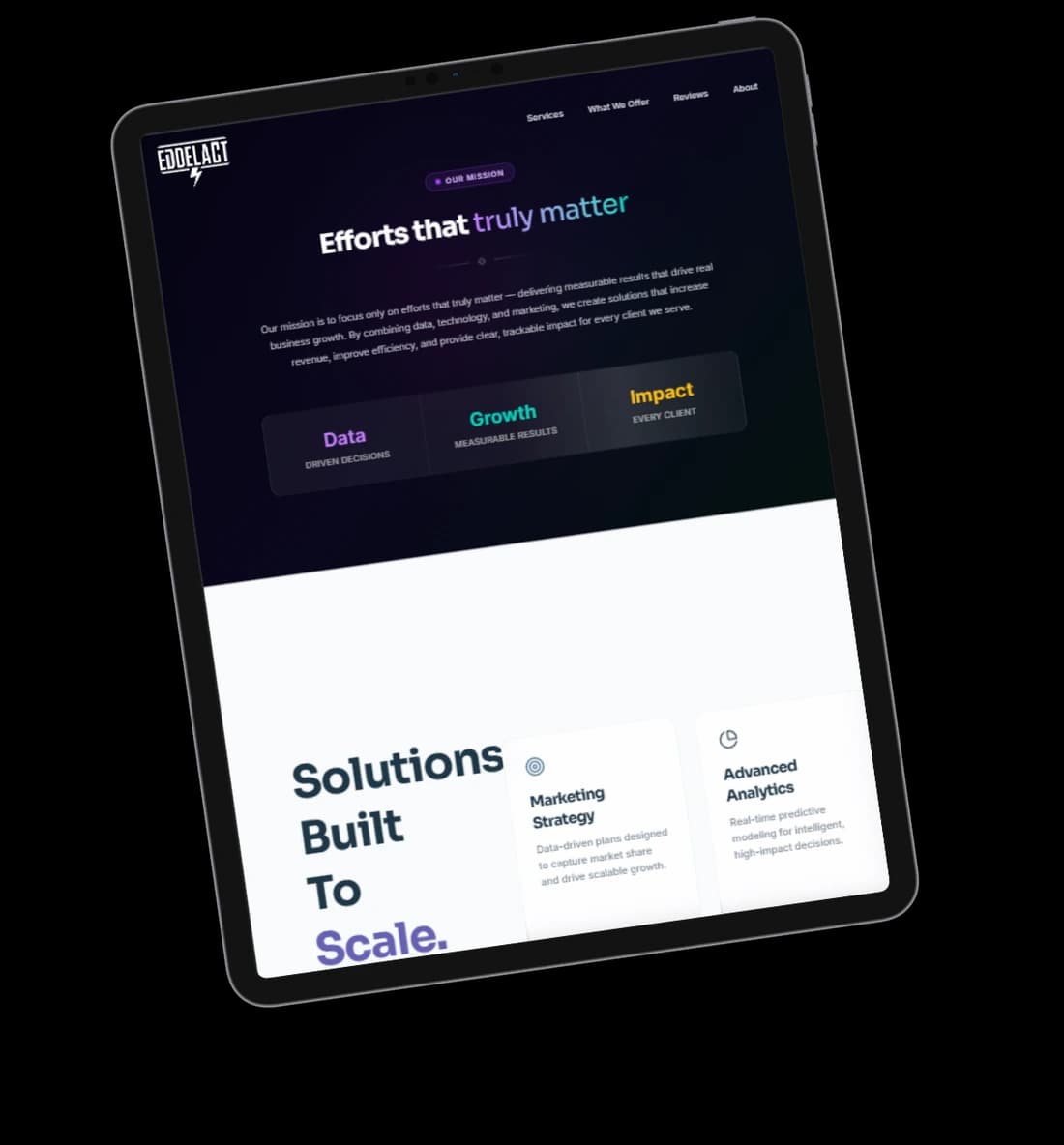 The Eddelact site on a tablet, showing the mission section — “Efforts that truly matter” — above three panels reading Data, Growth and Impact.