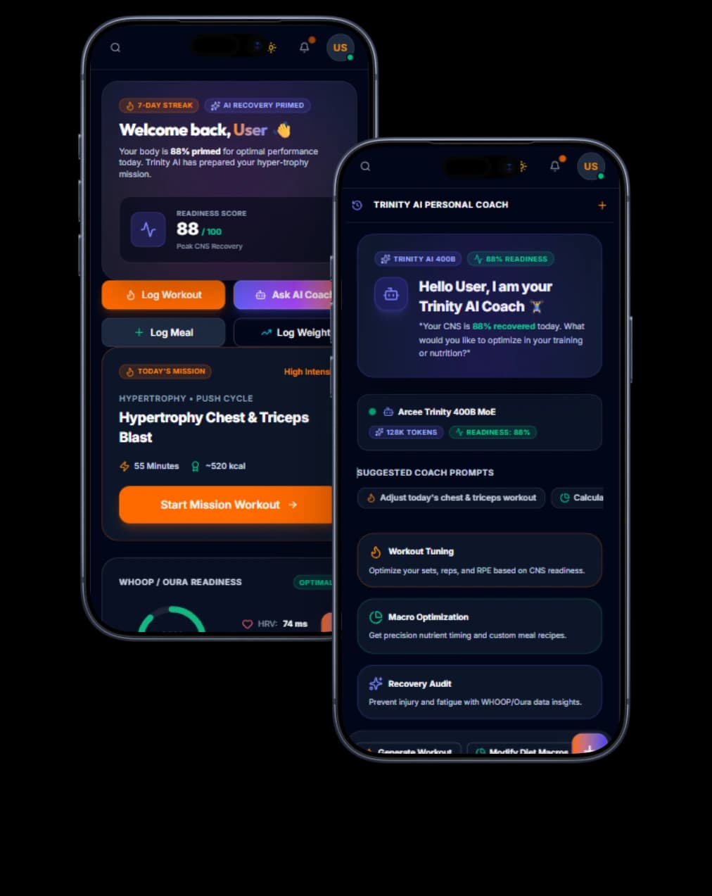 The Striva app on two phones: a readiness score of 88 out of 100 with the day's workout beside the Trinity AI coach, answering training and nutrition questions.